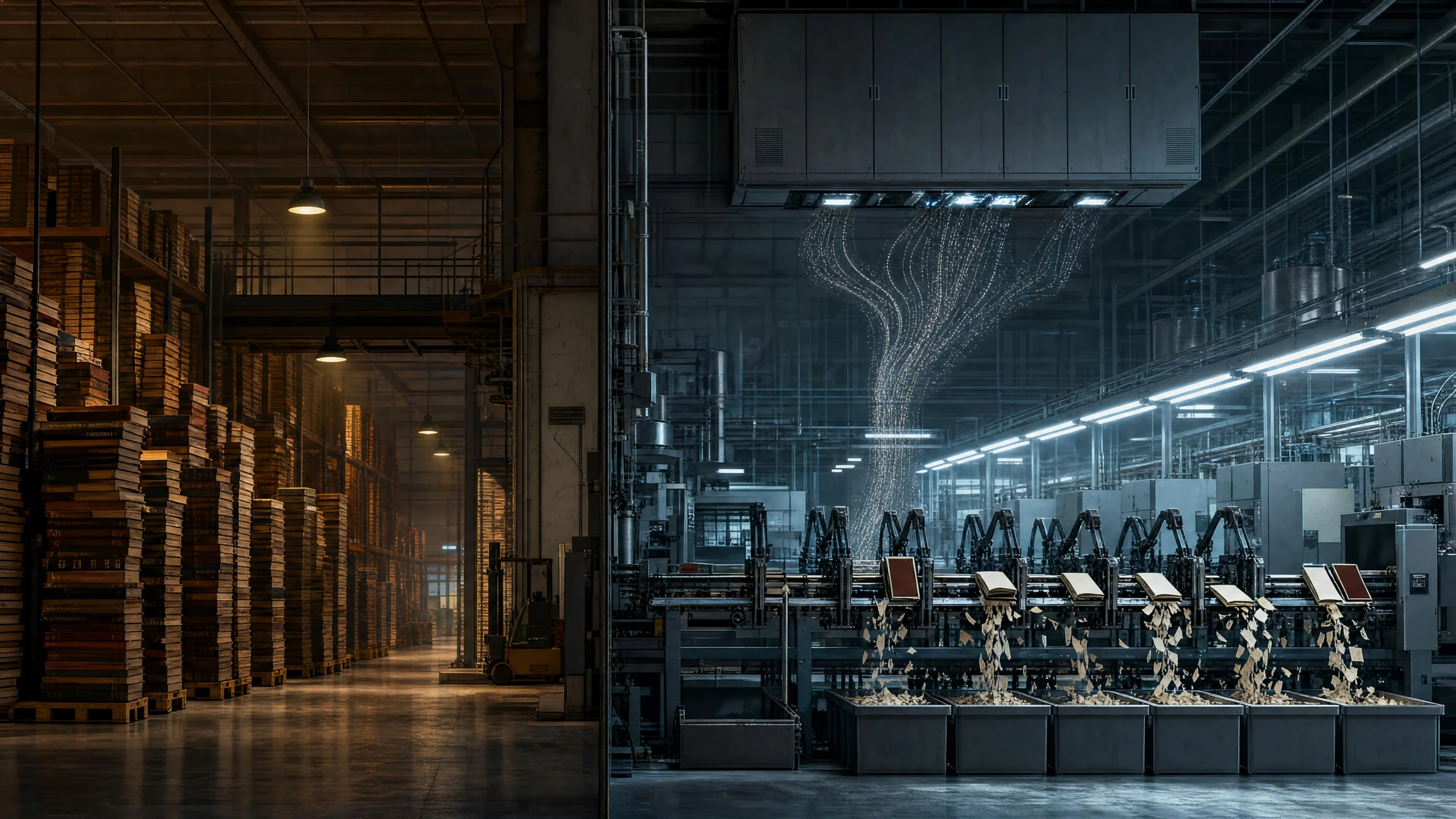 Warm amber book stacks fill a warehouse aisle; across from it, a mechanical line breaks open books, pages scattering, while glowing threads rise upward