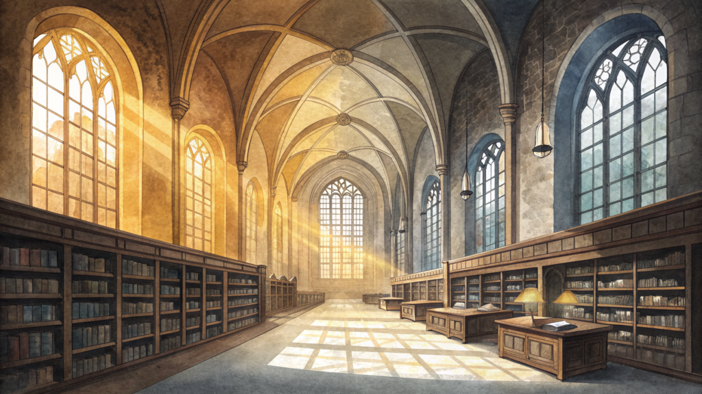 Two identical reading rooms: one shelved and sunlit, the other emptied and occupied only by a server rack with blinking blue lights
