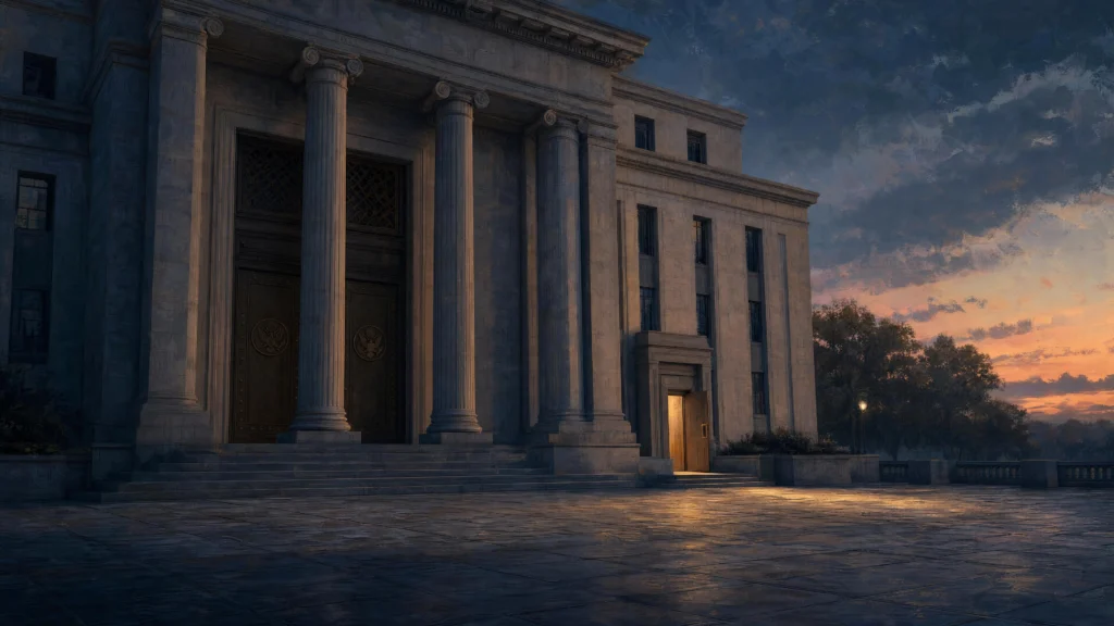 A federal building at twilight — its grand columned entrance closed and dark, a smaller side door standing open with warm amber light across empty stone…
