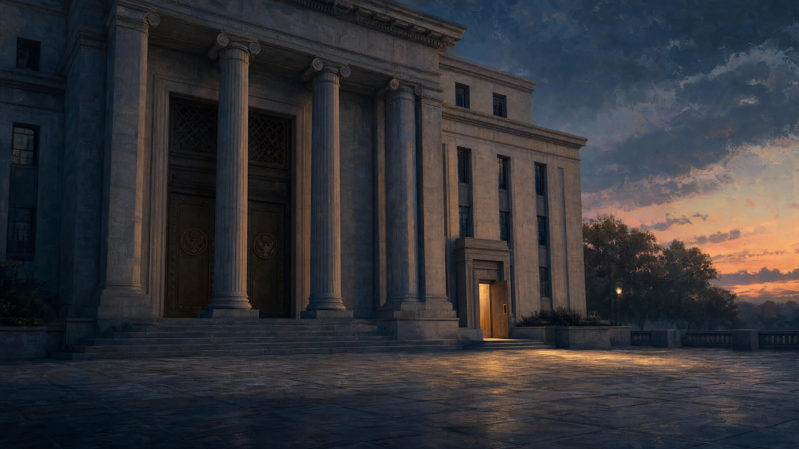 A federal building at twilight — its grand columned entrance closed and dark, a smaller side door standing open with warm amber light across empty stone steps