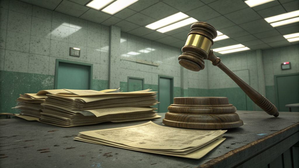 A gavel striking a stack of official documents while a second, undisturbed stack remains beneath