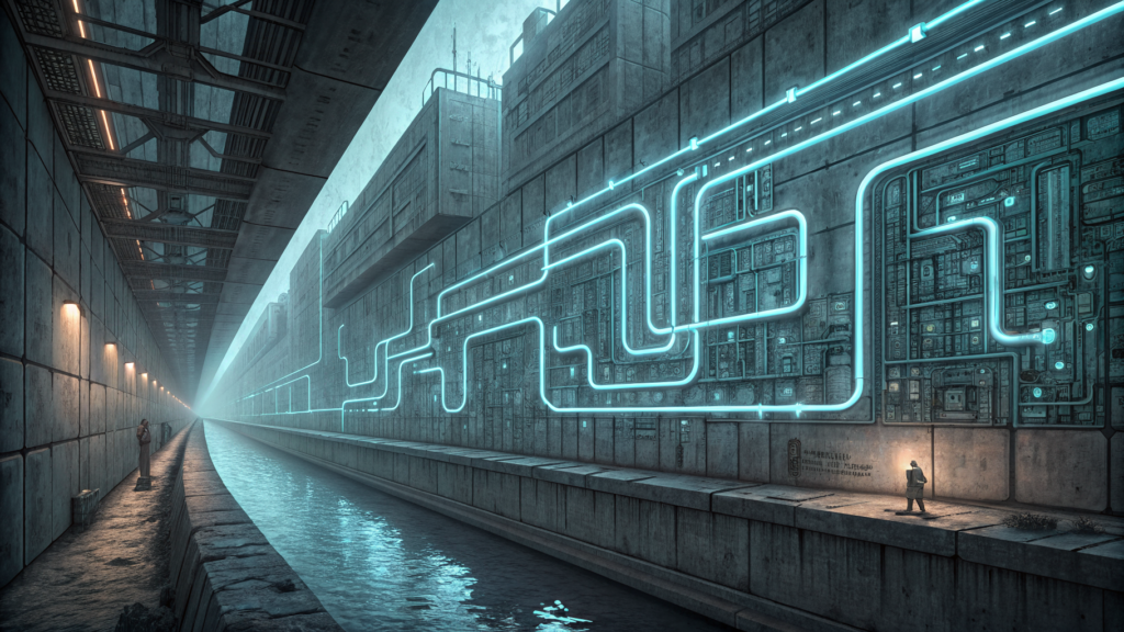 Data pathways route around a concrete barrier to reach the same receiver node