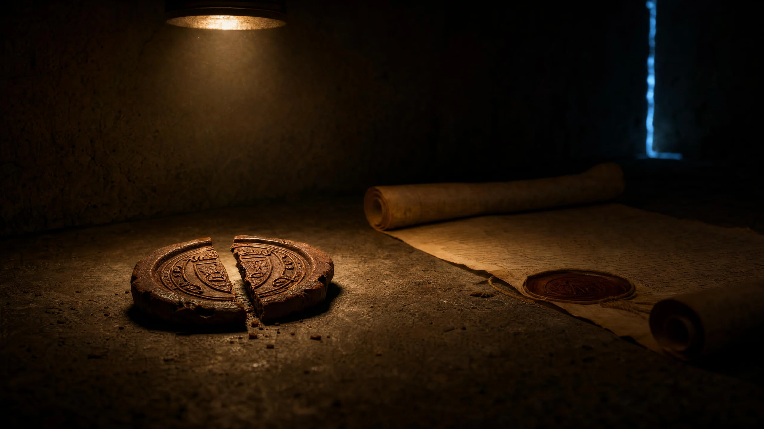 A rusted seal broken cleanly in two halves on dark stone under a single overhead lamp, beside an unfurled parchment scroll