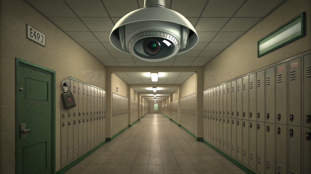 A corridor of numbered lockers watched by a camera-eye — identical serial numbers on every door