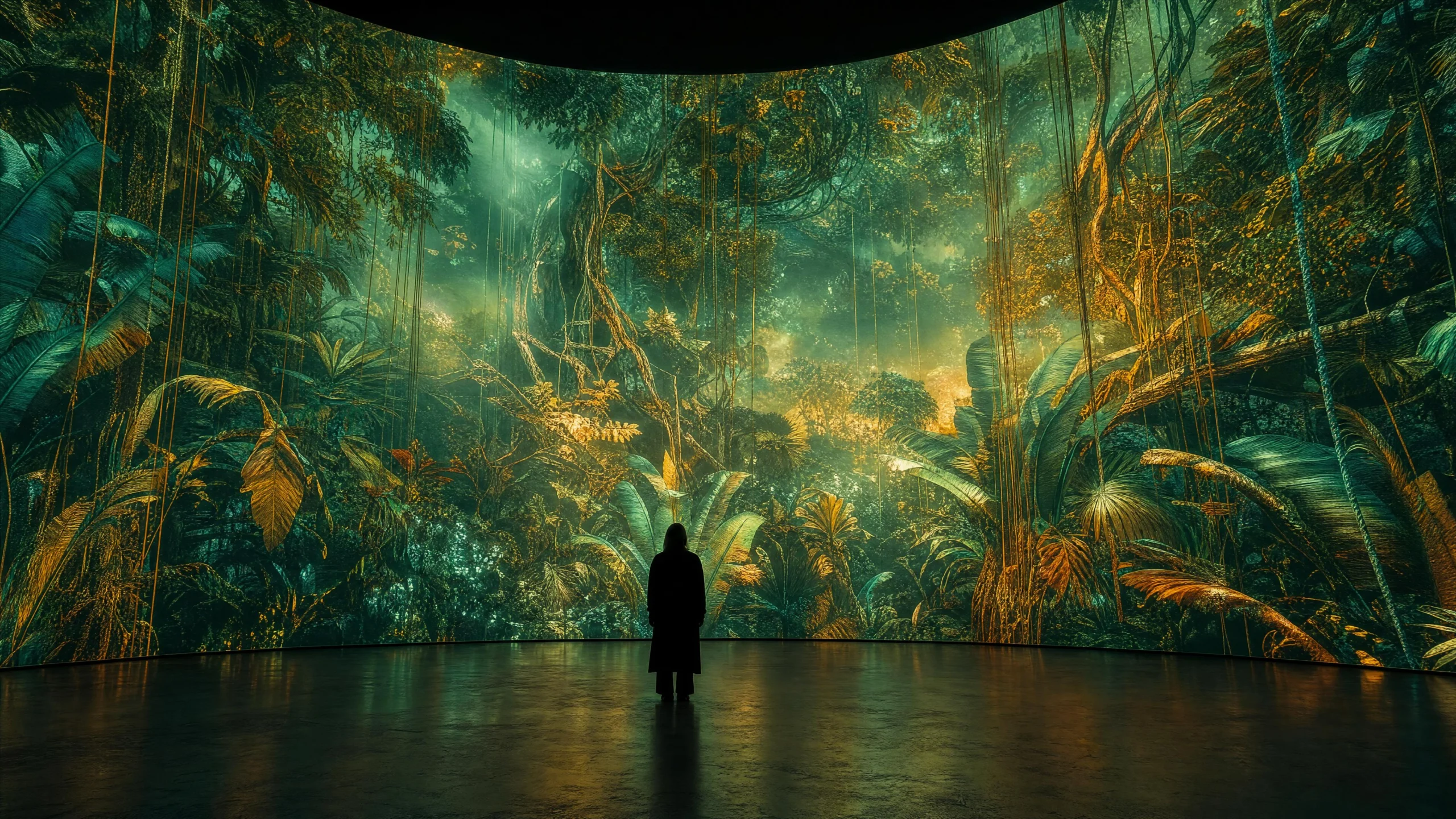 A silhouetted figure stands alone before a vast curved wall of projected rainforest — teal and amber canopy filling the entire gallery