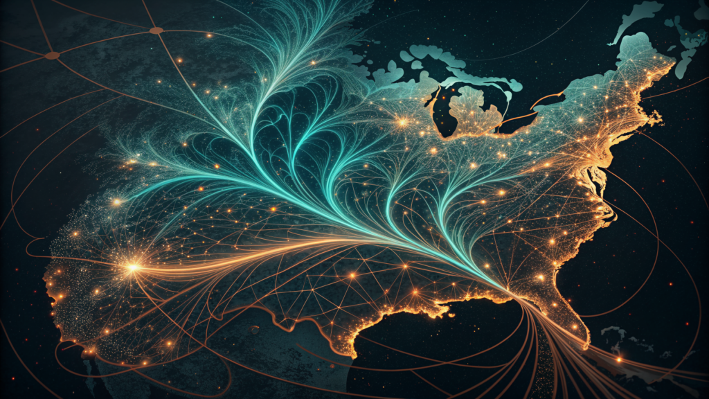 Fine streams of light branch like root systems and flight paths — the Large Nature Model’s ecological data as visual pattern