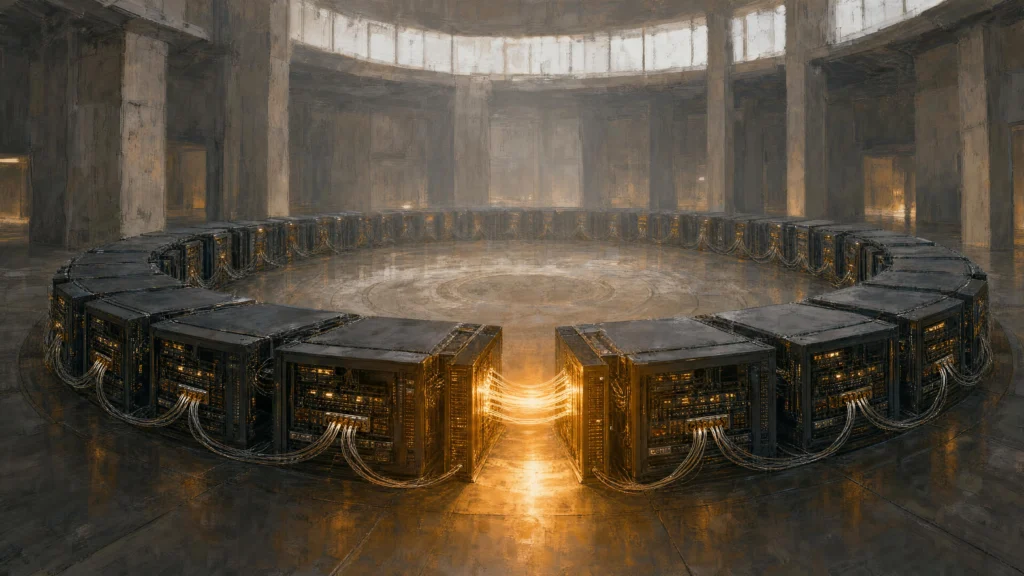 A ring of server racks in a concrete rotunda, cables linking each unit in a closed loop, warm amber light blazing at the point where the circuit…