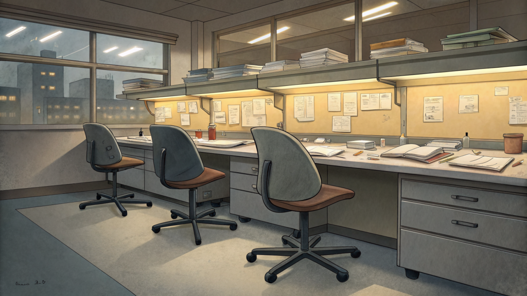 Empty research chairs around a laboratory bench — the work still laid out, the researchers no longer required
