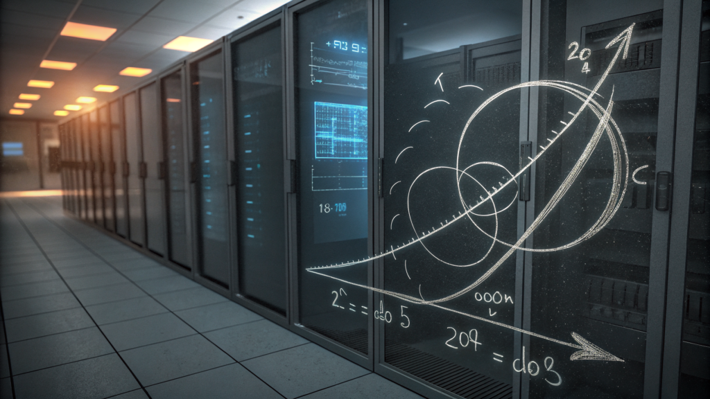 Two curves on dark glass — linear progress meeting its inflection point, a server room visible behind