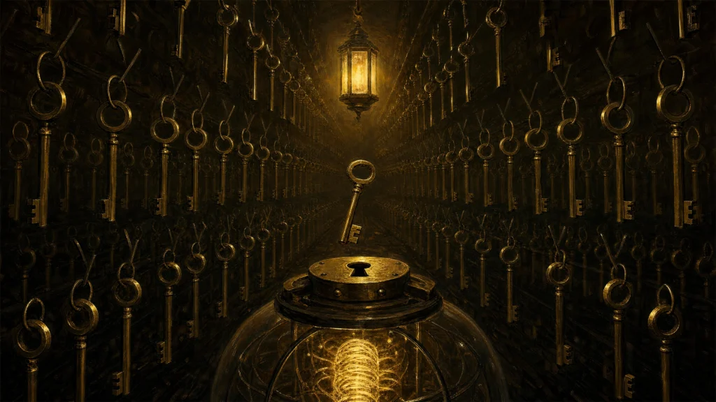 Hundreds of identical brass keys line a vaulted chamber receding into darkness; one key floats above a glowing glass dome sealed by a circular lock