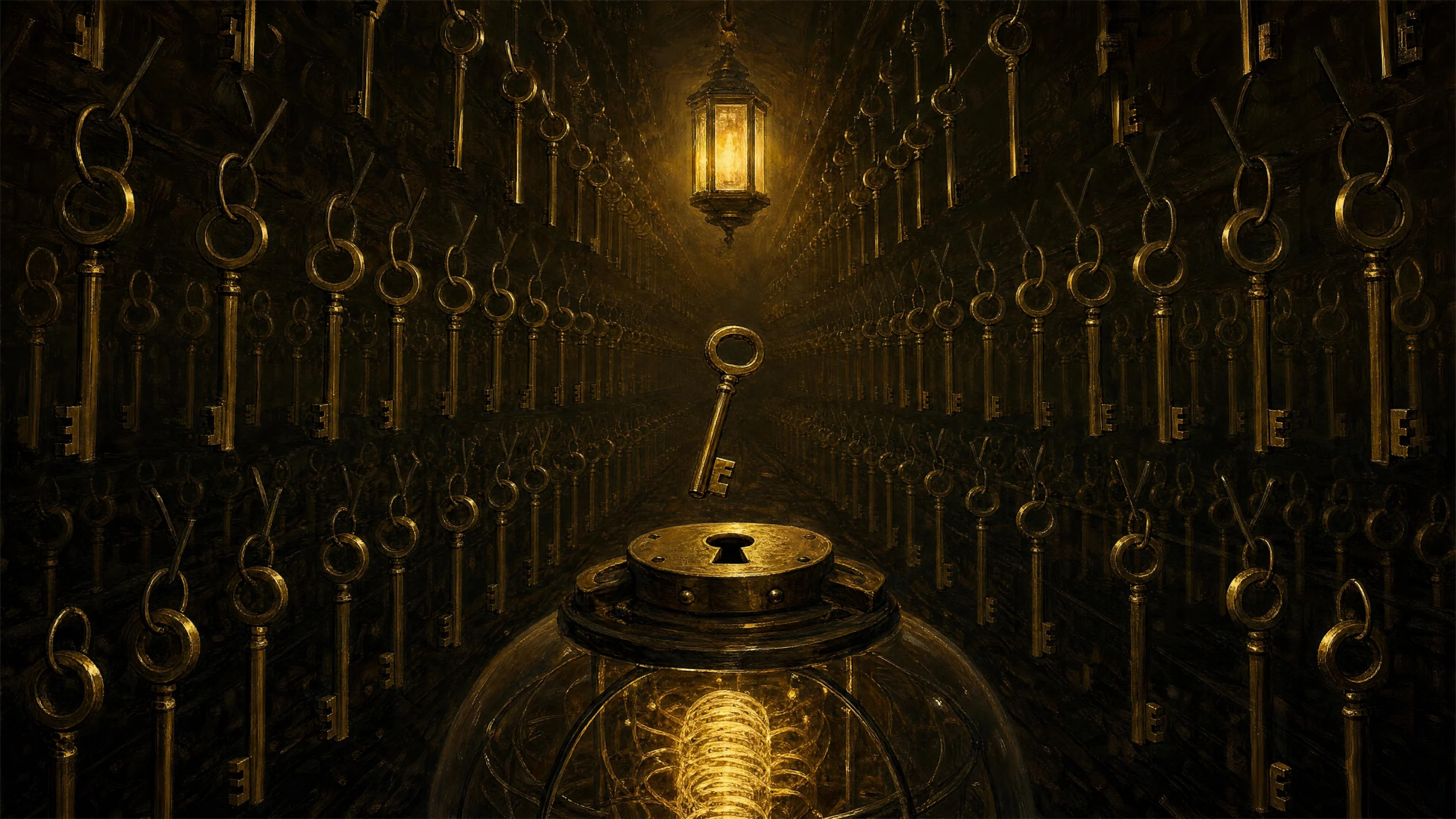 Hundreds of identical brass keys line a vaulted chamber receding into darkness; one key floats above a glowing glass dome sealed by a circular lock