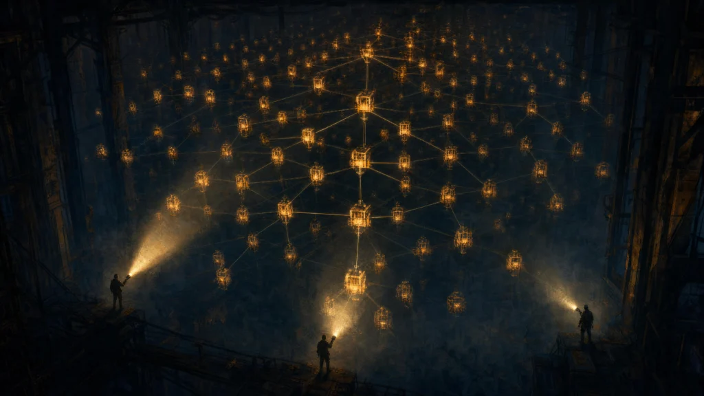 Three silhouetted figures with flashlights stand beneath a vast glowing hierarchy of interconnected nodes in a dark industrial…