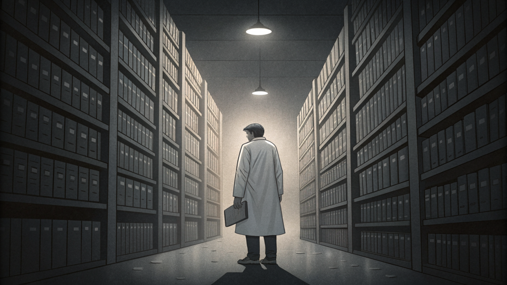 Investigator's flashlight illuminating a fraction of an enormous archive — most folders permanently in darkness