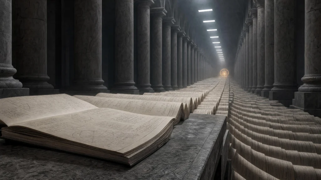An open manuscript at the head of an endless colonnaded hall, its pages running on down the corridor toward a distant point…
