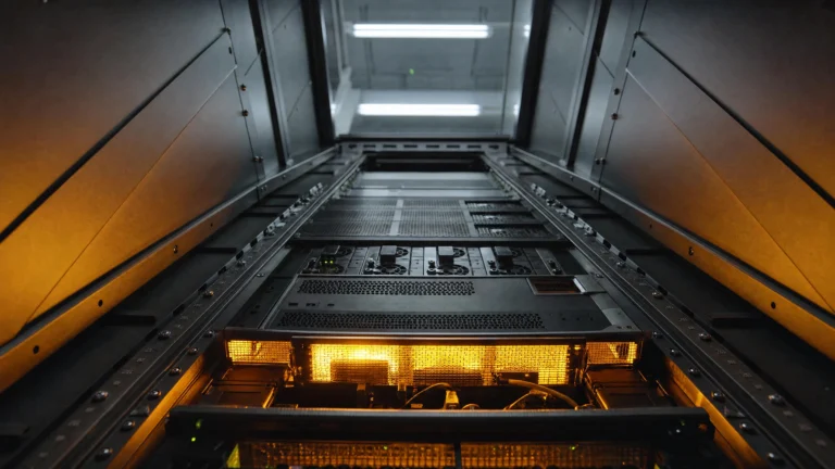 A server rack aisle viewed from below, one module blazing amber-gold through vented mesh while upper bays recede into cool fluorescent white