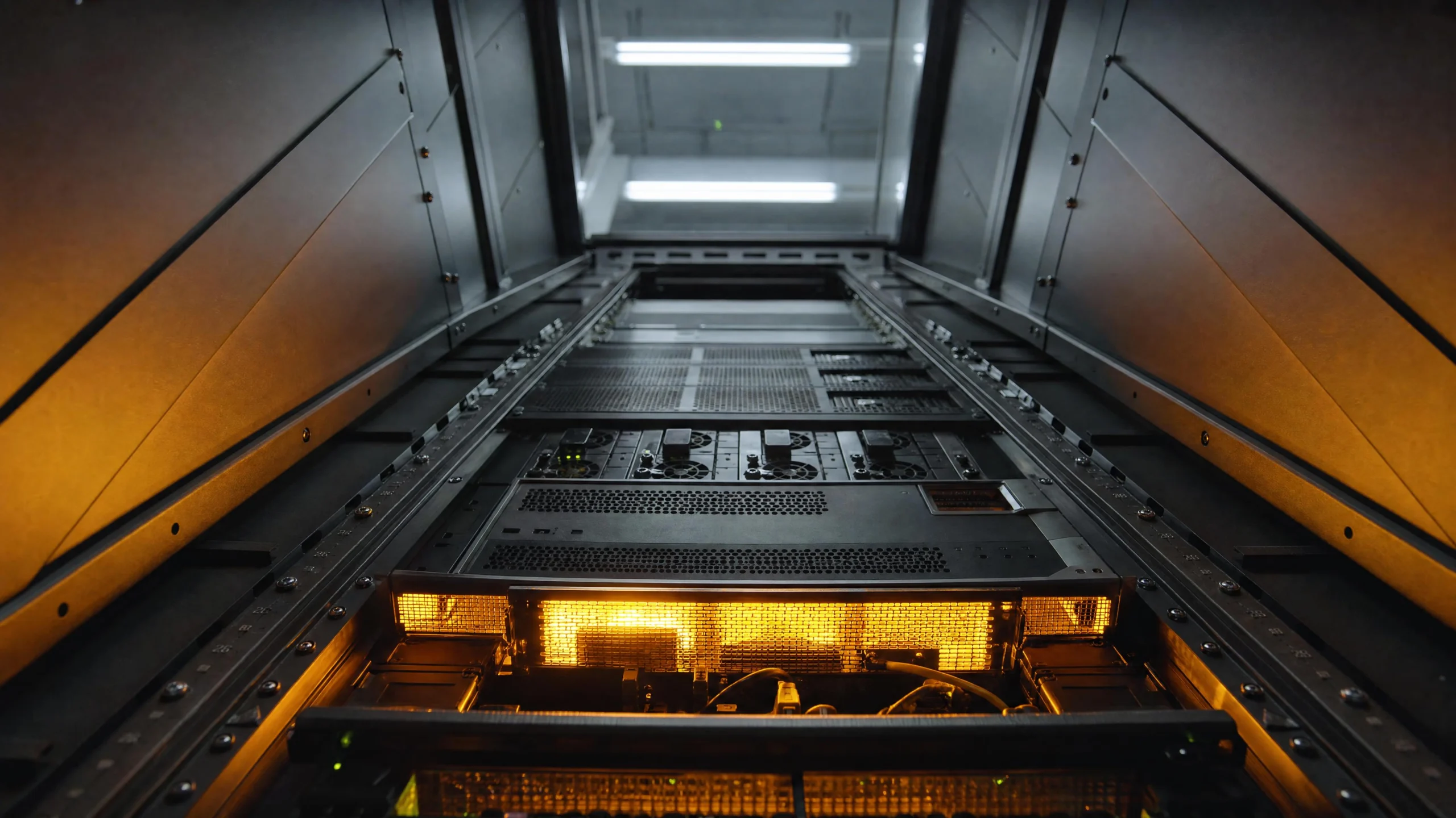 A server rack aisle viewed from below, one module blazing amber-gold through vented mesh while upper bays recede into cool fluorescent white