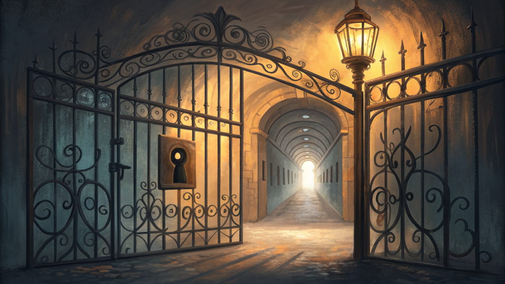 A wrought-iron gate at the end of a corridor, lit by warm tungsten, receding into dark