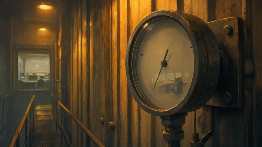 A brass industrial gauge with an unmarked dial and arrested needle dominates an amber-lit metal corridor, a control room reflected in its glass…