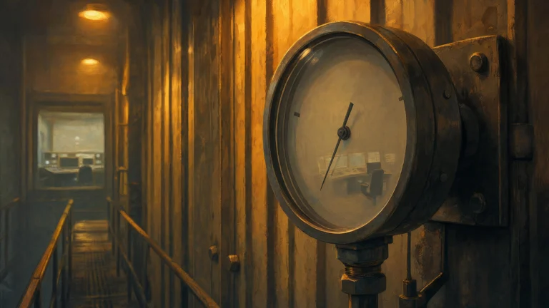 A brass industrial gauge with an unmarked dial and arrested needle dominates an amber-lit metal corridor, a control room reflected in its glass face