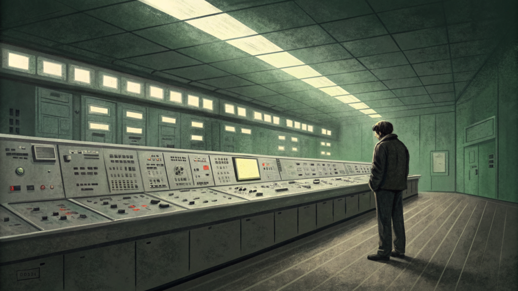 Lone operator at an unlabeled console in a cavernous moderation center