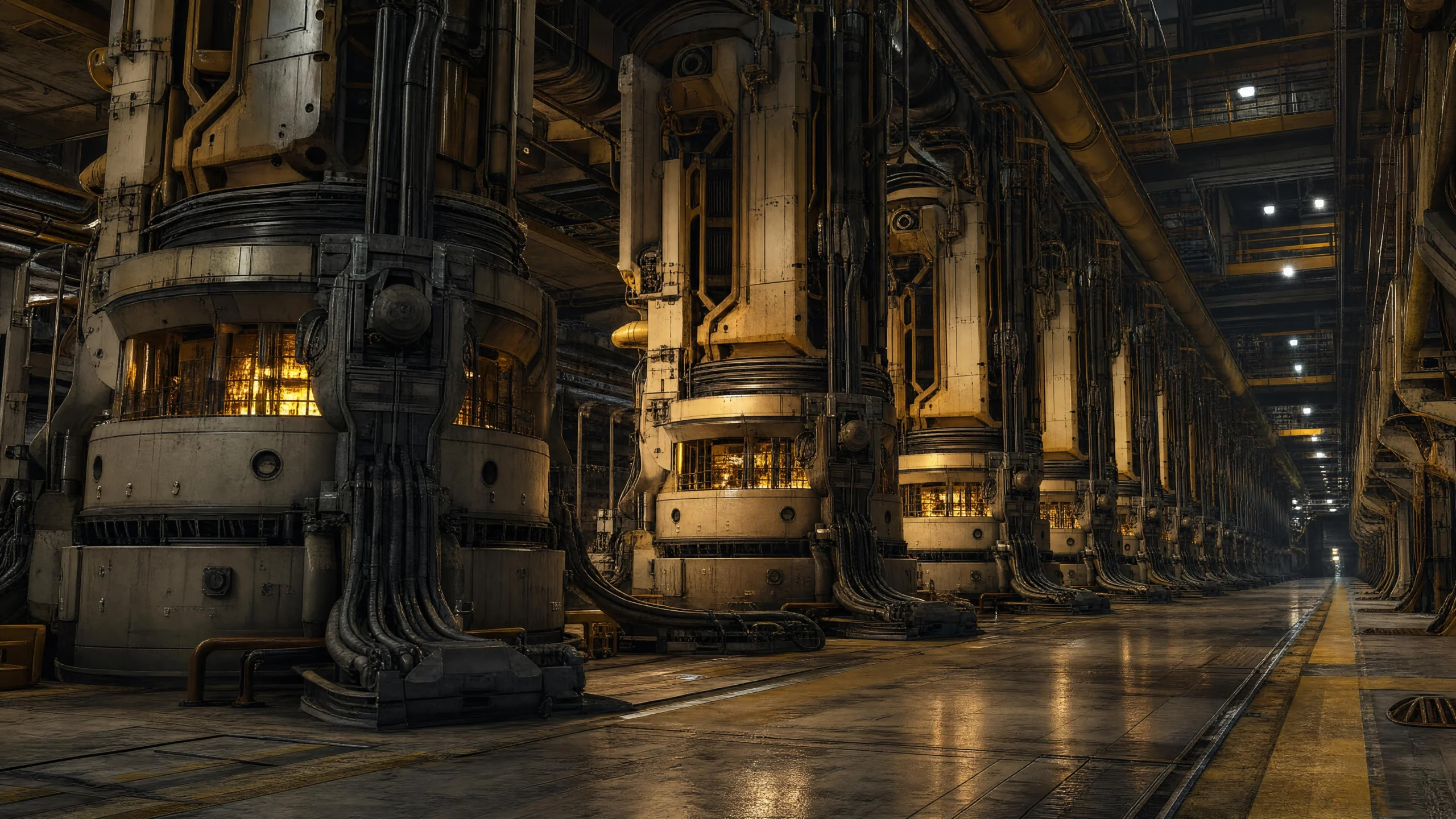 A vast industrial hall lined with rows of massive cylindrical machines glowing amber at their cores, cables and pipes snaking across a reflective floor