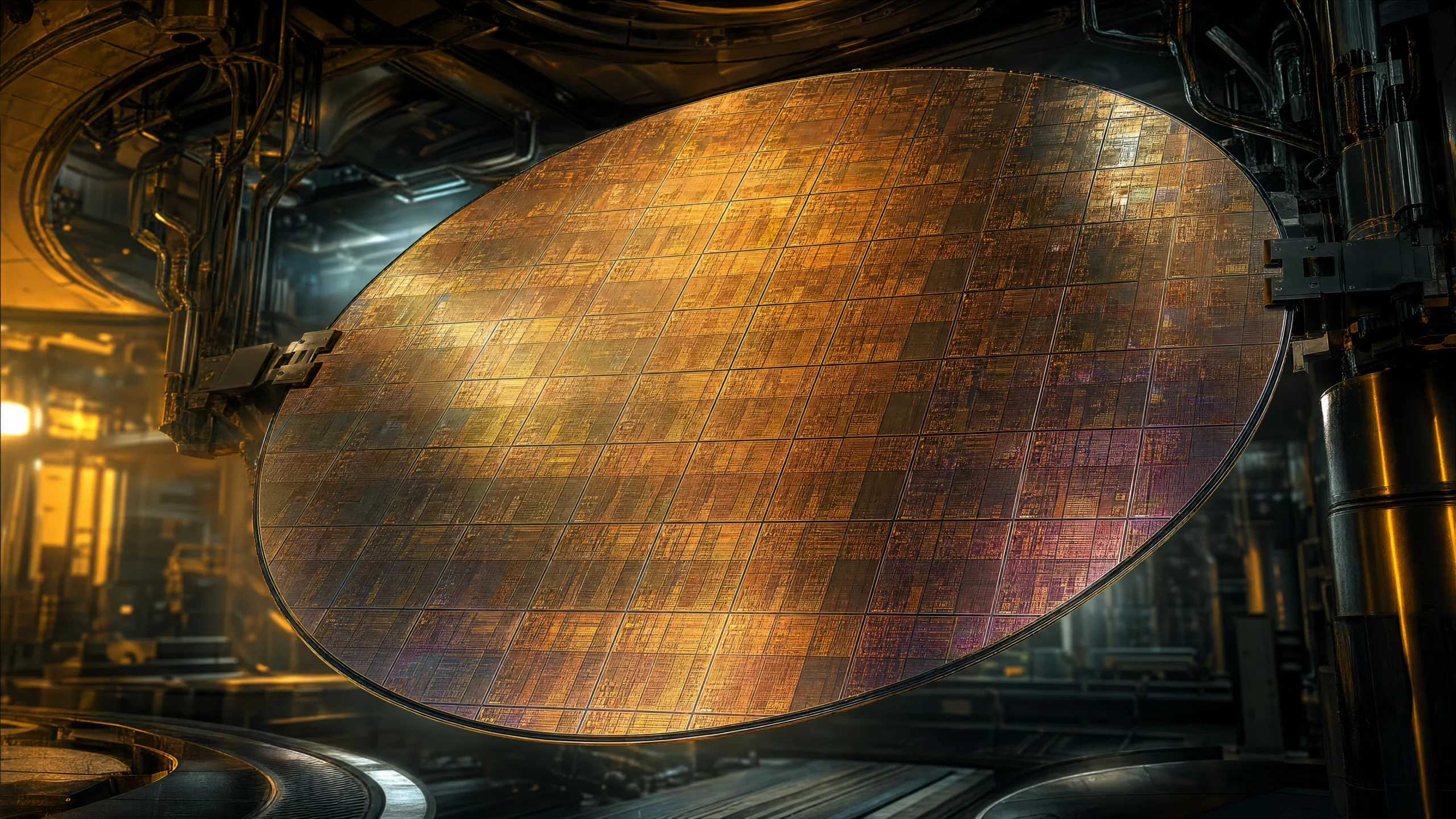 A large amber-gold silicon wafer mounted upright in a dark industrial chamber, its die grid catching warm overhead light