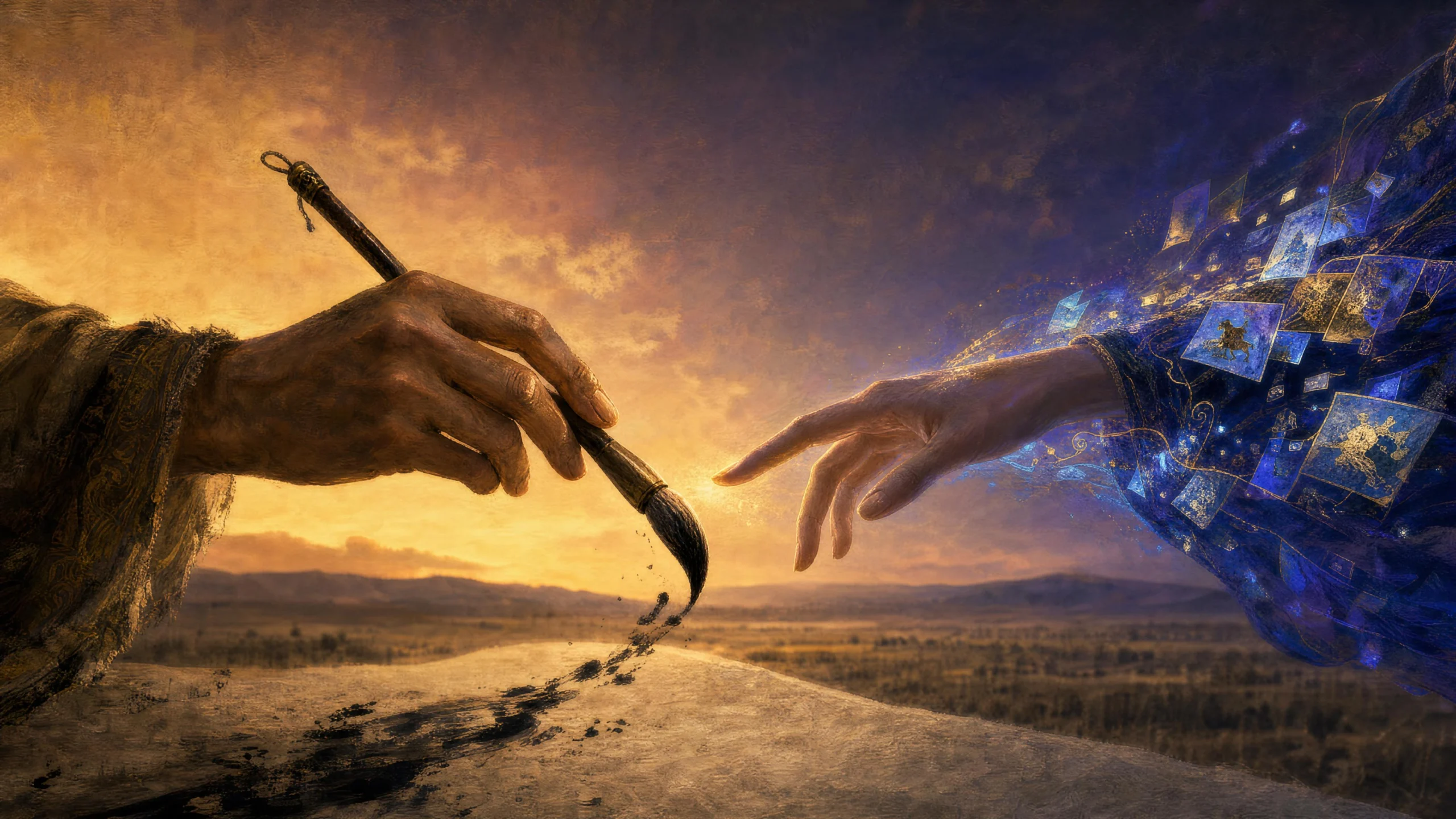 A painter's brush hand trailing dark ink meets a luminous hand trailing glowing animation cells across a steppe at golden hour