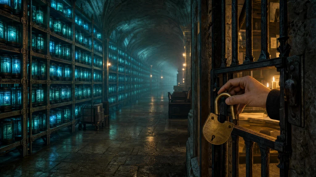 A hand sets a brass padlock on an iron gate at the entrance to a vast vaulted repository of glowing blue-teal jars receding into atmospheric…