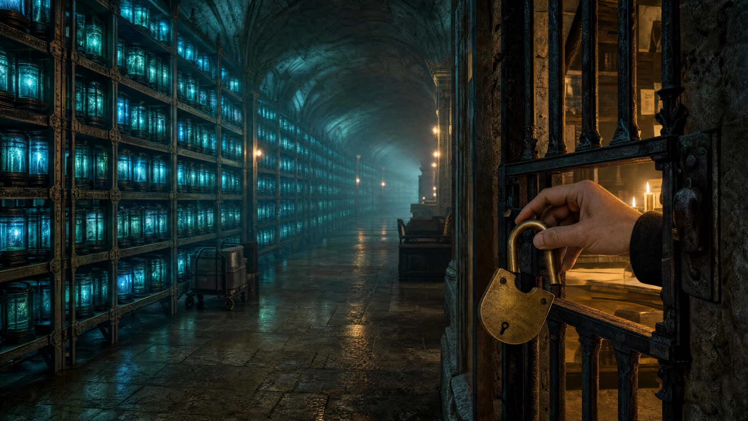 A hand sets a brass padlock on an iron gate at the entrance to a vast vaulted repository of glowing blue-teal jars receding into atmospheric haze