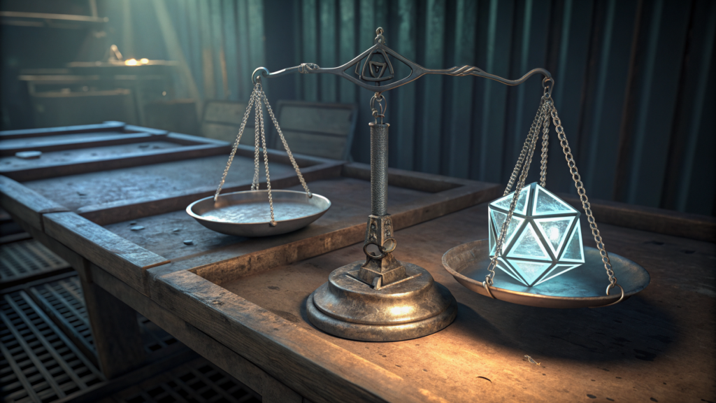 A balance scale with a crystalline open-source artifact outweighed by a dense GPU processor