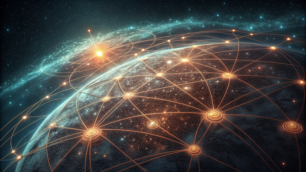 A network of glowing AI model nodes converging on a central hub that shifts from cool blue to warm copper