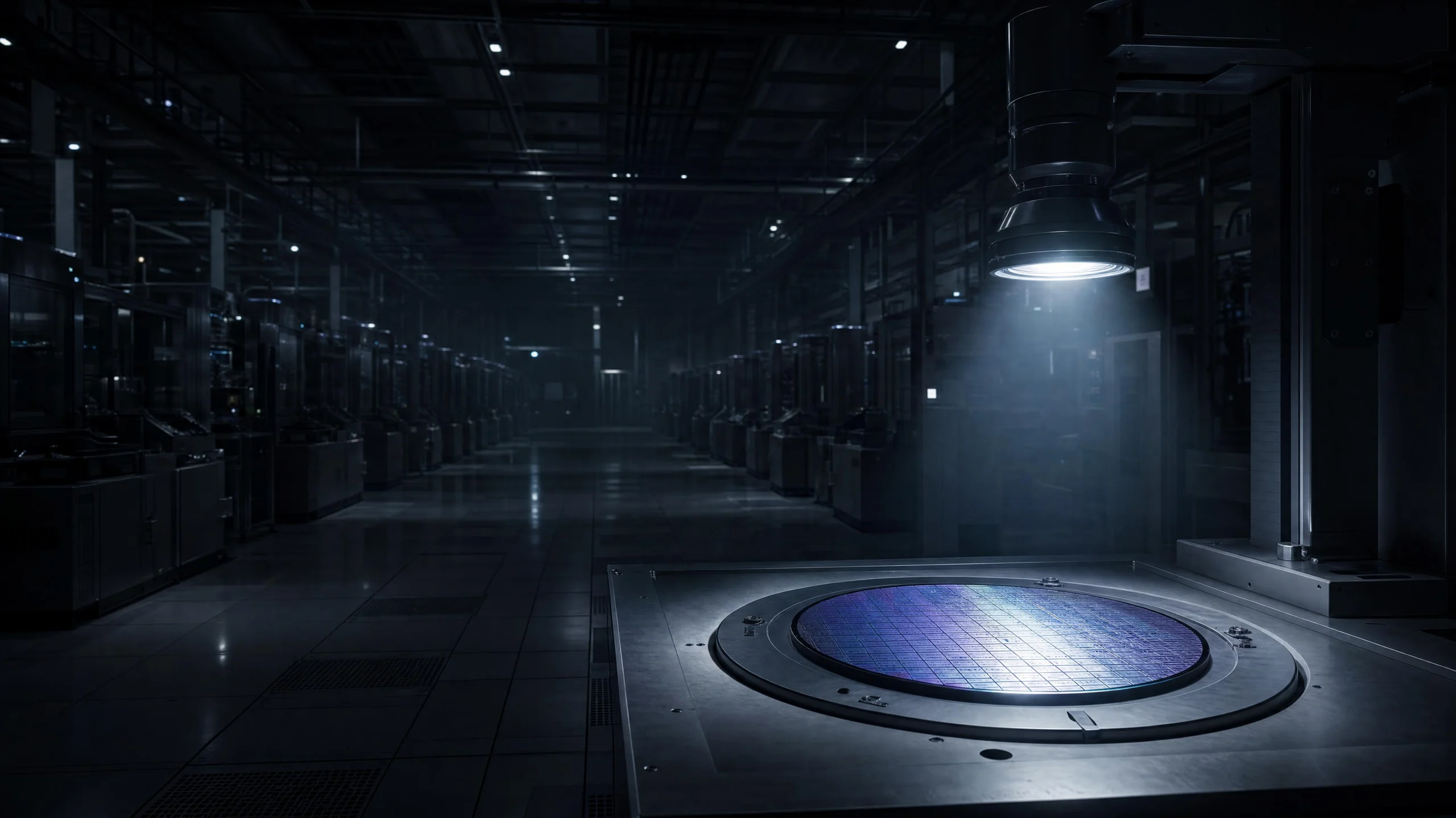 A silicon wafer glowing blue-purple under a single overhead lamp on a workbench in a vast, dark fabrication hall with rows of equipment receding into shadow