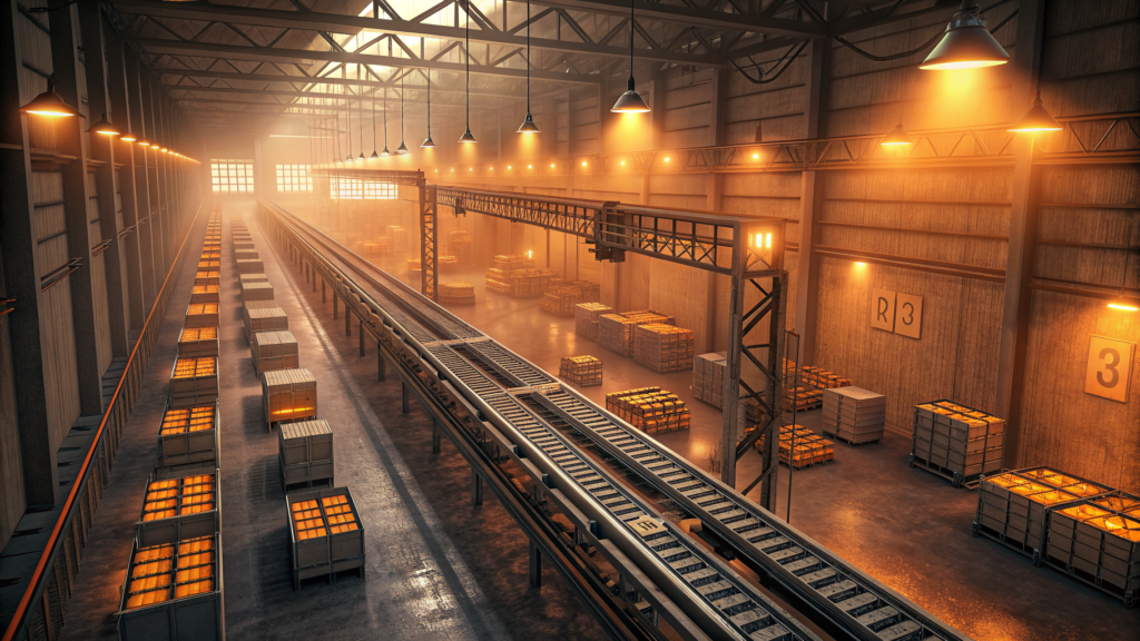 A single automated assembly line running through an otherwise dark and idle warehouse