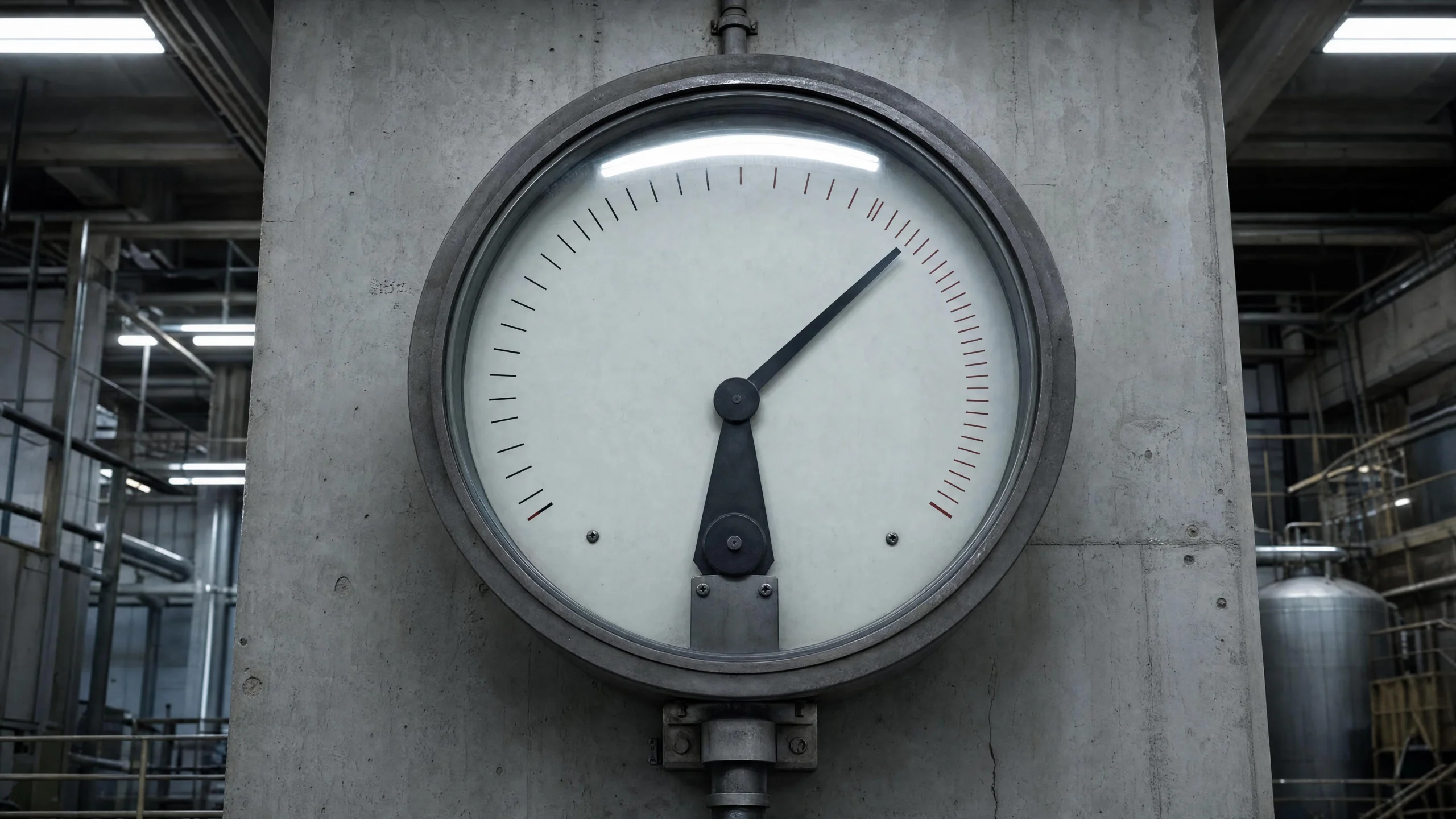 A large analog pressure gauge on a concrete column in an industrial plant, its two needles pointing toward the upper-right scale markings