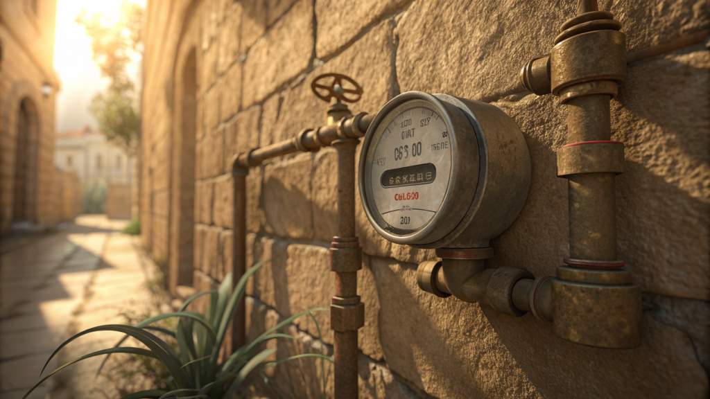 An analog meter mid-reading, representing a threshold crossed in AI pricing economics