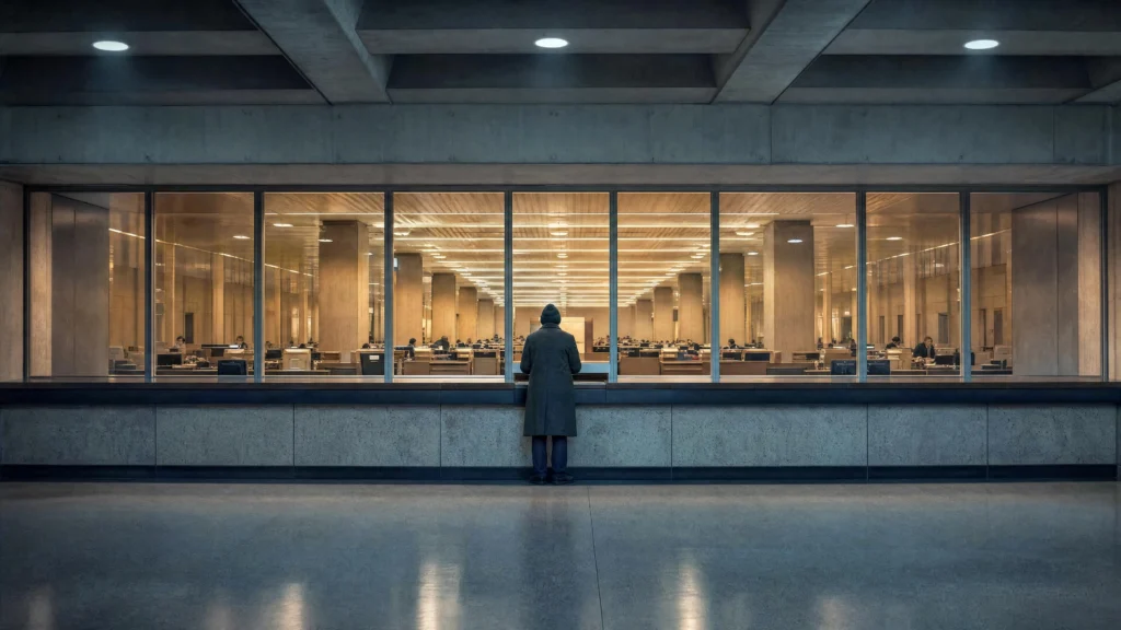 A lone figure in a dark coat stands at a glass partition, looking into a warmly lit hall where rows of workers sit…