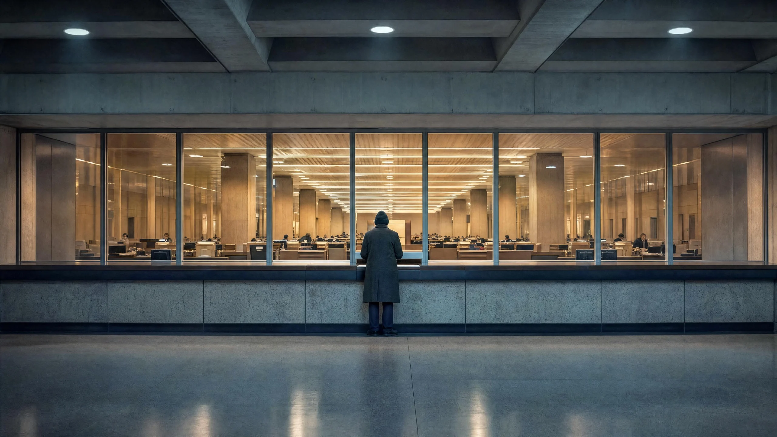 A lone figure in a dark coat stands at a glass partition, looking into a warmly lit hall where rows of workers sit at desks