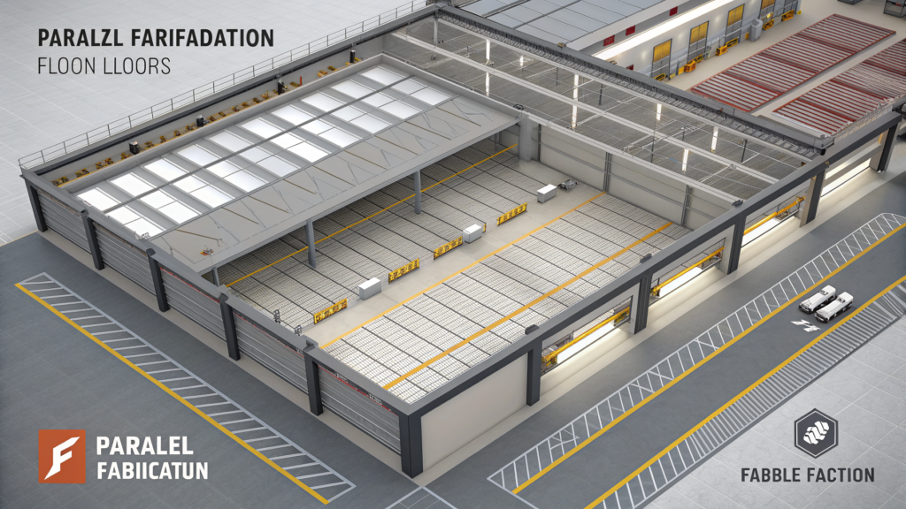 Two identical fabrication floors from above — one operating, one blocked by a retractable barrier