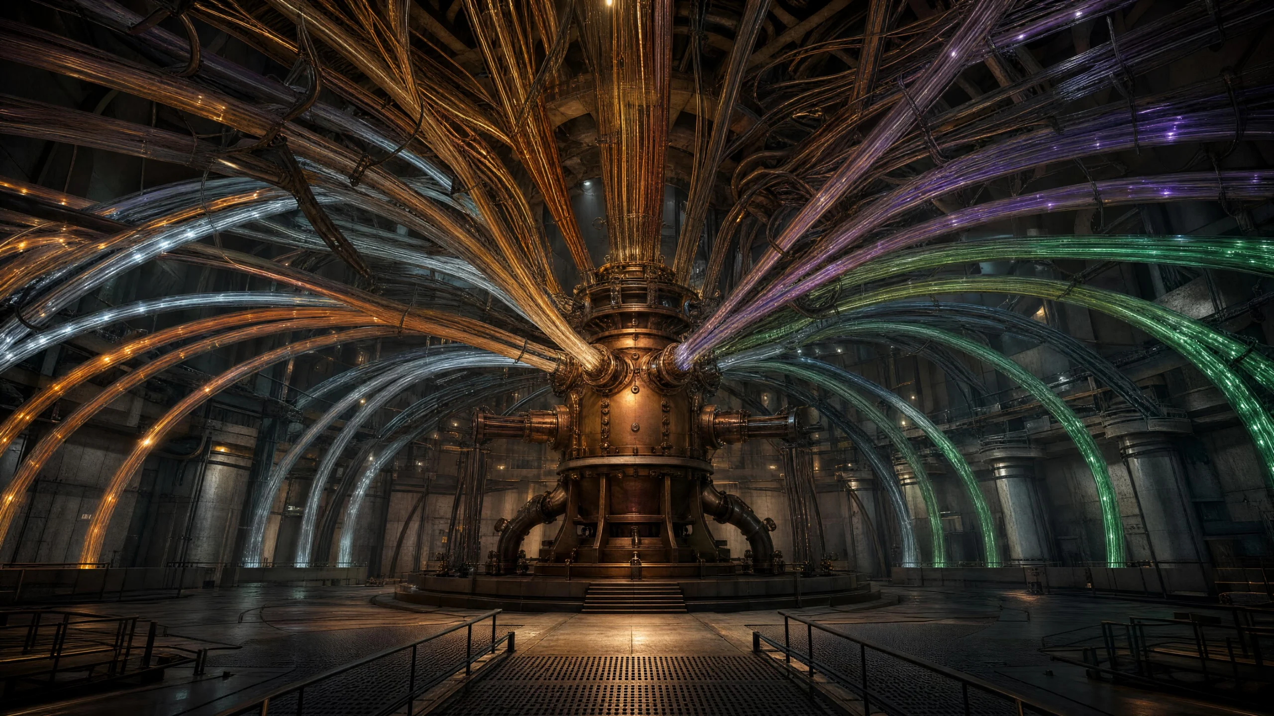 Hundreds of colored fiber cables — amber, white, purple, green — radiate from a massive copper turbine in a darkened industrial hall