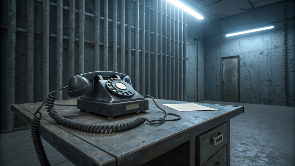 An old black rotary telephone on a bare steel desk in a dim concrete room with a barred wall and a closed door, its cord trailing off the desk