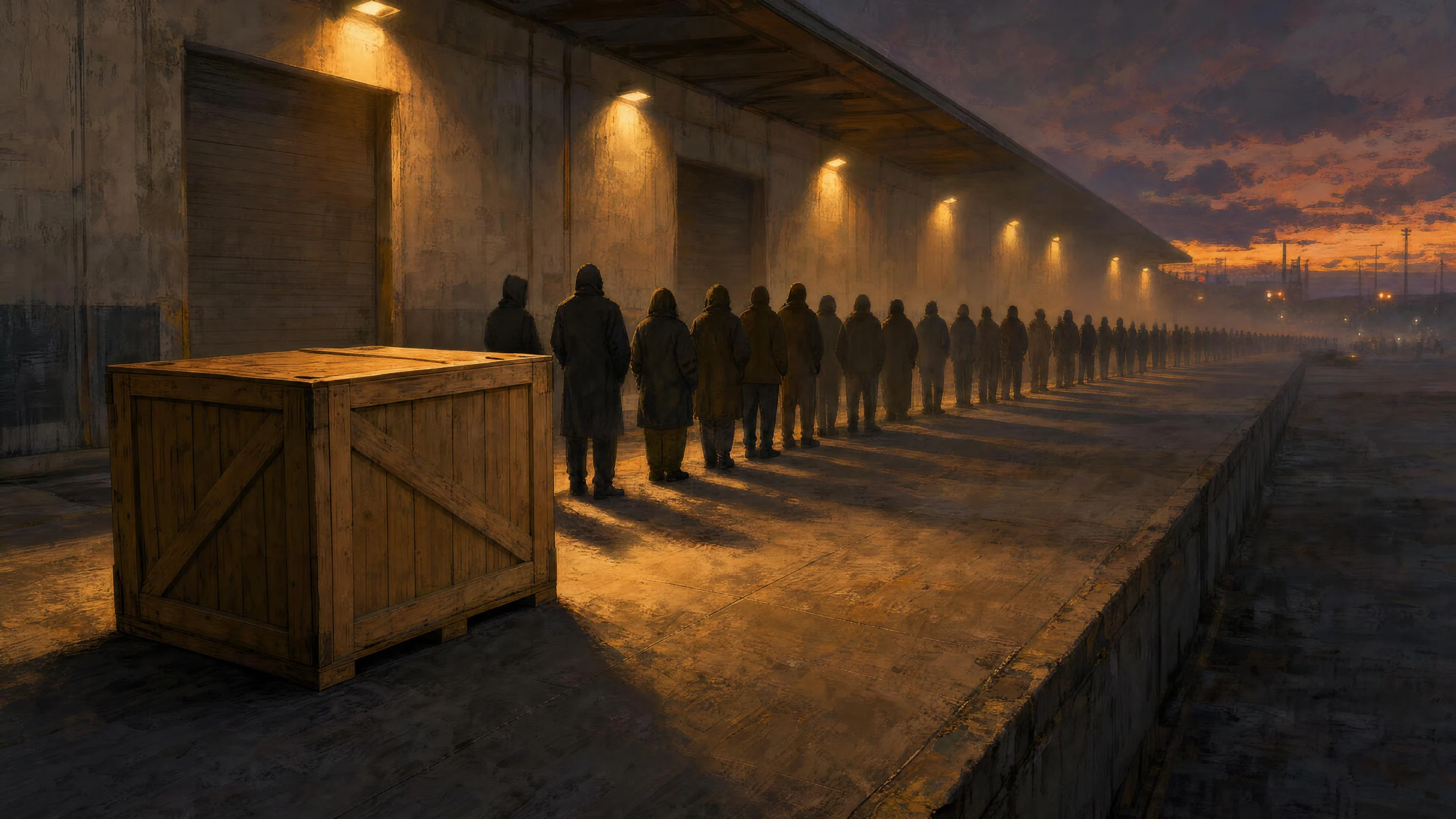 An unmarked wooden crate on a concrete loading dock at dusk, a long queue of anonymous hooded figures stretching into hazy amber light
