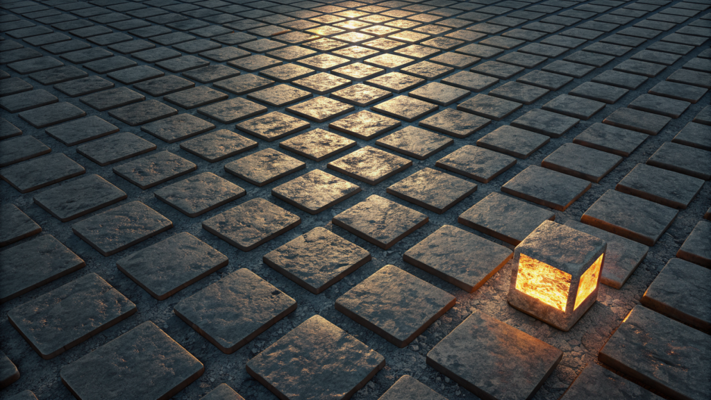 A single glowing stone cube among a vast field of identical dark slate tiles, lit from within while every other tile stays dark