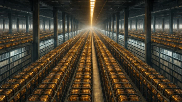 A vast industrial archive stretching to infinity — amber-glowing storage banks flank a narrow corridor, with cool-lit shelving sections visible at intervals