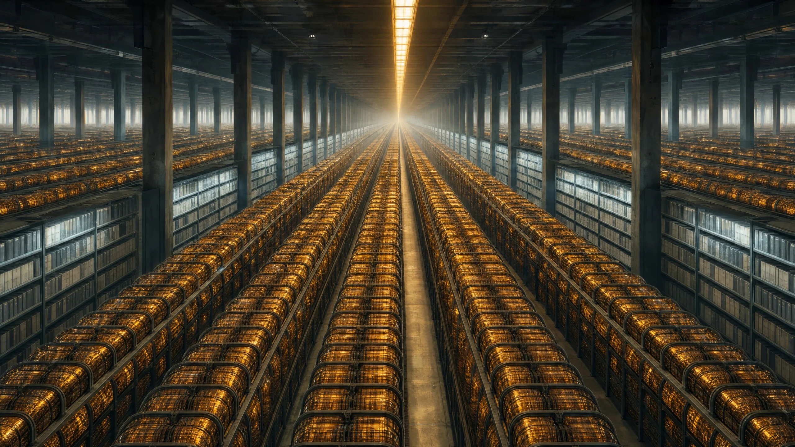 A vast industrial archive stretching to infinity — amber-glowing storage banks flank a narrow corridor, with cool-lit shelving sections visible at intervals