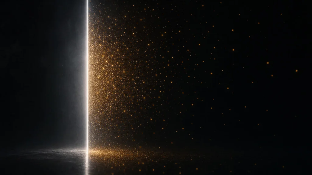 A white vertical line cuts through near-darkness as amber-gold particles cluster densely at its edge and thin across the black field…