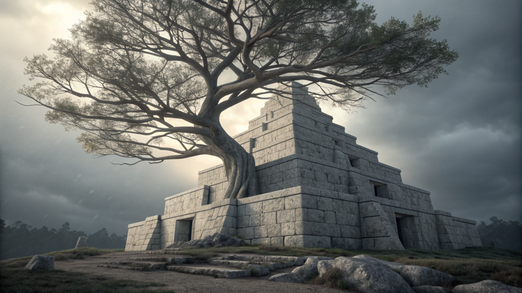 A branching proof tree rendered as stone architecture, each node a verified step in the Lean 4 formalization