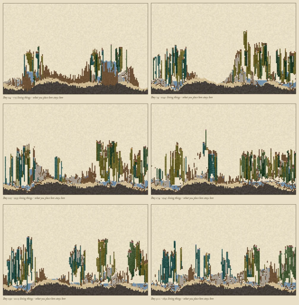 Six captures of the same simulated world stacked in pairs, from a sparse day 24 to a low crowded day 300, each frame captioned underneath with its day and its count of living things.