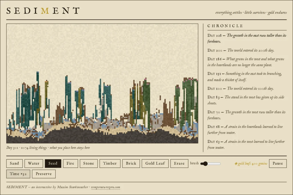 The SEDIMENT interface at day 301 — a pixel world of green stalks, pale pools and a dark seam of bedrock, with the world's chronicle of events listed in a column alongside it.