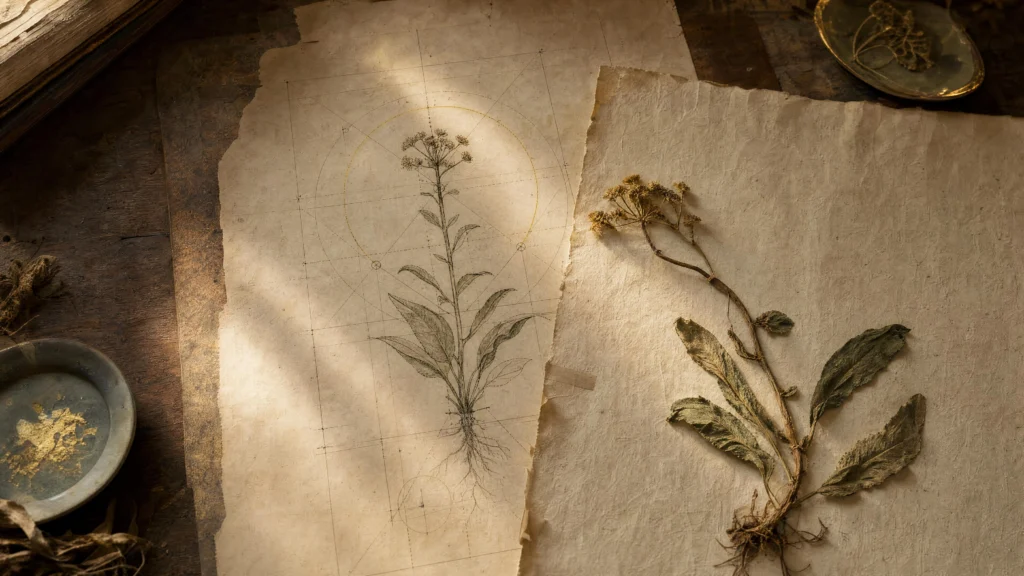 A ruled ink diagram of an idealised plant pinned on a drafting table beside a real pressed specimen that grew crooked and low, in warm raking light, a dish of gold leaf at the edge.