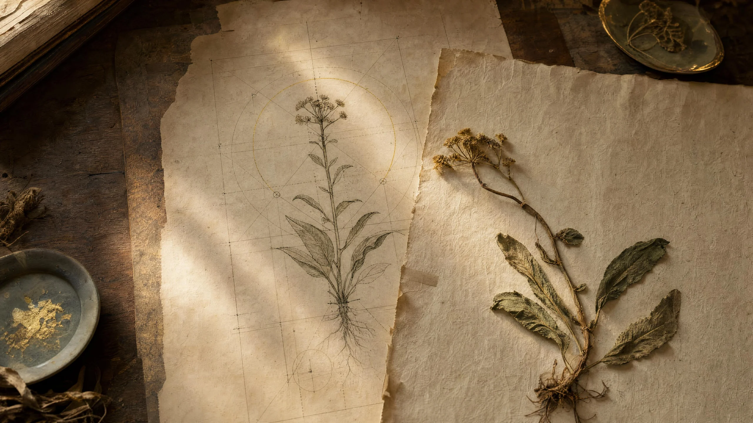A ruled ink diagram of an idealised plant pinned on a drafting table beside a real pressed specimen that grew crooked and low, in warm raking light, a dish of gold leaf at the edge.